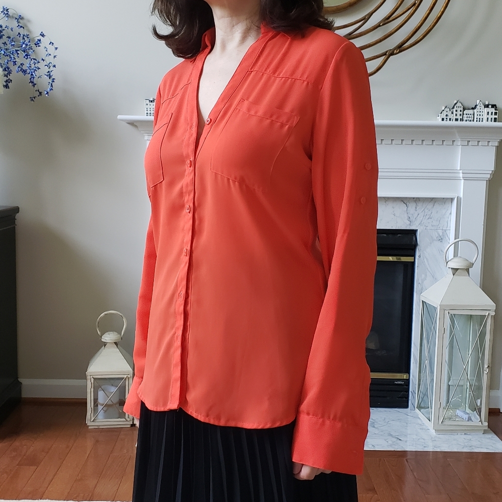 EXPRESS Relaxed Button Up Sleeve Blouse in Orange - Sz XS